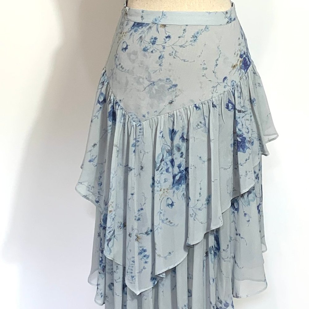 LoveShackFancy Blue Floral Rowan Silk Asymmetrical Skirt Size P - Picture 4 of 13